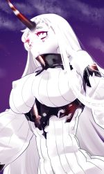 Rule 34 | 10s, 1girl, abi (365tarte), abyssal ship, bare shoulders, breasts, claws, detached sleeves, dress, covered erect nipples, horns, kantai collection, large breasts, long hair, pale skin, red eyes, ribbed dress, seaport princess, single horn, solo, very long hair, white hair