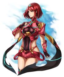 Rule 34 | 1girl, black gloves, breasts, covered navel, fingerless gloves, gloves, hair ornament, kamu (kamuuei), large breasts, looking at viewer, nintendo, pyra (xenoblade), red eyes, red hair, short hair, shorts, sidelocks, simple background, solo, tiara, white background, wide hips, xenoblade chronicles (series), xenoblade chronicles 2, xenoblade chronicles (series), xenoblade chronicles 2