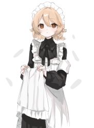 Rule 34 | 1girl, alternate costume, apron, apron hold, armband, black bow, black bowtie, black dress, blonde hair, bow, bowtie, brown eyes, collared dress, dress, enmaided, light blush, long sleeves, looking at viewer, loose clothes, maid, maid apron, maid headdress, nurse robot type t, parted lips, pinky out, roujian, short hair, solo, swept bangs, utau, wavy hair, white armband
