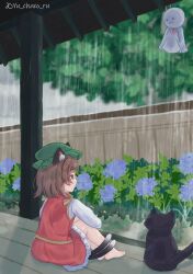 Rule 34 | 1girl, absurdres, animal ear fluff, animal ears, bare legs, barefoot, black cat, blue flower, blurry, blurry background, bush, cat, cat ears, cat tail, chen, child, commentary request, fence, flower, frills, gold trim, hat, highres, hydrangea, knees up, long sleeves, looking ahead, mob cap, multiple tails, nekomata, outdoors, overcast, profile, rain, red skirt, red vest, skirt, skirt set, sky, solo, tail, touhou, tree, two tails, vest, wooden fence, yu chaco ru