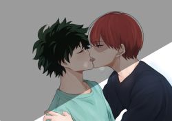 Rule 34 | 2boys, black shirt, boku no hero academia, burn scar, collarbone, commentary request, french kiss, from side, green hair, grey background, grey shirt, half-closed eye, hand on another&#039;s shoulder, highres, imminent kiss, kiss, looking at another, male focus, midoriya izuku, miyanami 3, multicolored hair, multiple boys, red hair, scar, scar on face, shirt, short hair, simple background, striped, teeth, todoroki shouto, two-tone hair, white hair, yaoi