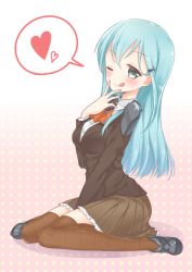 Rule 34 | 1girl, ;q, ascot, between legs, blazer, blue hair, blush, breasts, brown jacket, brown skirt, brown thighhighs, closed mouth, collared shirt, commentary request, frilled skirt, frills, full body, gradient background, green eyes, grey footwear, hair between eyes, hair ornament, hand between legs, hand to own mouth, hand up, heart, jacket, kantai collection, long hair, long sleeves, masuishi kinoto, medium breasts, one eye closed, orange ascot, pink background, pleated skirt, polka dot, polka dot background, raised eyebrow, school uniform, shirt, shoes, sitting, skirt, smile, solo, spoken heart, suzuya (kancolle), thighhighs, tongue, tongue out, very long hair, wariza, white background, white shirt
