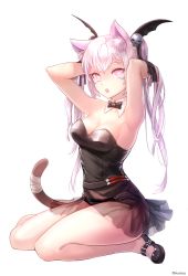 Rule 34 | 1girl, aken, albino, animal ears, armpits, arms up, bandages, bare shoulders, bat wings, belt, black bow, black bowtie, black dress, black footwear, black panties, black wings, bow, bowtie, breasts, buckle, cat ears, cat tail, cleavage, detached collar, dress, elsword, eve (elsword), facial mark, full body, hair ornament, hair ribbon, hands in hair, head wings, heart, heart-shaped pupils, highres, long hair, open mouth, panties, pink eyes, ribbon, see-through, shoes, simple background, sitting, skull hair ornament, solo, strapless, strapless dress, symbol-shaped pupils, tail, teeth, tongue, twintails, twitter username, underwear, white background, white hair, wings, yellow eyes