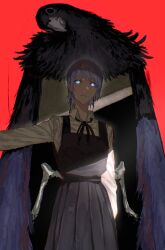 Rule 34 | 1girl, bird, black skirt, bone, chainsaw man, demon, earrings, fami (chainsaw man), feathered wings, feathers, guillotine, highres, jewelry, kota 2kx, looking at viewer, pigeon, red background, school uniform, shirt, skirt, white shirt, wings