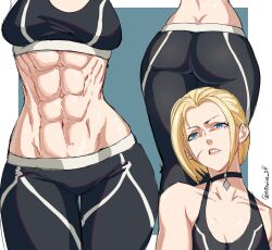 Rule 34 | 1girl, abs, artist name, ass, ass focus, blonde hair, blue background, blue eyes, breasts, cammy white, choker, highres, large breasts, looking at viewer, muscular, muscular female, navel, octavius dp, pants, scar, scar on face, simple background, street fighter, street fighter 6, teeth, yoga pants