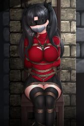 Rule 34 | 1girl, absurdres, arms behind back, bdsm, black hair, black thighhighs, blindfold, blouse, bondage, bound, fate/stay night, fate (series), gag, gagged, highres, improvised gag, legs together, long sleeves, miniskirt, on chair, panties, pantyshot, plusout, red shirt, red sweater, shibari, shibari over clothes, shirt, sitting, skirt, solo, sweat, sweater, tape, tape gag, thighhighs, tied to chair, tohsaka rin, twintails, underwear