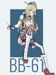 Rule 34 | 1girl, american flag legwear, anchor, asymmetrical legwear, blonde hair, blue eyes, blush, boots, breasts, cleavage, corset, flag print, front-tie top, full body, garter straps, headgear, highres, iowa (kancolle), kantai collection, large breasts, looking at viewer, miniskirt, mismatched legwear, nanakoma, rudder footwear, simple background, skirt, sleeveless, smile, solo, star-shaped pupils, star (symbol), striped clothes, striped skirt, striped thighhighs, symbol-shaped pupils, thighhighs, tongue, tongue out, vertical-striped clothes, vertical-striped skirt, vertical-striped thighhighs, wrist cuffs
