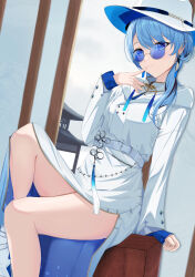 Rule 34 | 1girl, absurdres, blue-tinted eyewear, blue eyes, blue hair, breasts, coat, coat on shoulders, earrings, gradient gloves, hair over shoulder, hanafuda earrings, hat, hat chain, highres, hololive, hoshimachi suisei, hoshimachi suisei (8th costume), house, jewelry, light smile, looking at viewer, neck tassel, official alternate eye color, print coat, red-tinted eyewear, round eyewear, small breasts, star (symbol), star in eye, sunglasses, symbol in eye, tassel, tassel earrings, thighs, tinted eyewear, tokiyanagi, virtual youtuber, white hat, wolf cut, zipper skirt