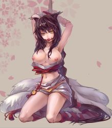 Rule 34 | 1girl, ahri (league of legends), animal ears, armpits, arms behind head, ball gag, bdsm, bi ge xing, black hair, bondage, bound, braid, breasts, breasts out, cherry blossoms, clothes down, clothes pull, detached sleeves, fox ears, fox tail, gag, gagged, hanbok, kneeling, korean clothes, large breasts, league of legends, long hair, looking at viewer, midriff, multiple tails, navel, nipples, pole, restrained, shirt pull, solo, tail, tassel, very long hair, wiffle gag, worried, yellow eyes