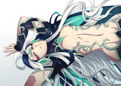 Rule 34 | 1boy, bai wang, blue hair, commentary request, facial mark, fate/grand order, fate (series), gradient background, grey background, hair slicked back, long hair, looking at viewer, lying, male focus, multicolored hair, on back, parted lips, shi huang di (fate), smile, solo, two-tone hair, very long hair, white hair, yellow eyes