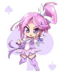 Rule 34 | arm warmers, blouse, blush, brooch, chibi, choker, cure sword, dokidoki! precure, earrings, fighting stance, forehead, full body, hair ornament, heart, heart brooch, high ponytail, jewelry, kenzaki makoto, kingetsu mikoto, magical girl, open mouth, precure, puffy short sleeves, puffy sleeves, purple background, purple choker, purple hair, purple legwear, purple shirt, purple skirt, shirt, short ponytail, short sleeves, skirt, spade (shape), spade earrings, spade hair ornament, standing, standing on one leg, thigh gap, two-tone shirt, white background, white shirt