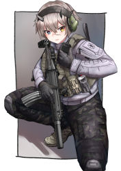 Rule 34 | absurdres, ammunition pouch, assault rifle, camouflage, camouflage pants, fn scar, gun, headset, highres, horns, military, on one knee, pants, pouch, rifle, tactical clothes, utsucan, walkie-talkie, weapon