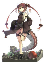 Rule 34 | 1girl, bare shoulders, black footwear, blush, crack, detached sleeves, dragon girl, dragon tail, fur trim, highres, itou ryuusei, long hair, long sleeves, original, pointy ears, red eyes, red hair, rock, simple background, sleeves past wrists, slit pupils, solo, standing, standing on one leg, tail, thigh strap, tongue, tongue out, twintails, white background