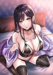 Rule 34 | 1girl, bare shoulders, bed, black bra, black collar, black hair, black panties, black thighhighs, blurry, bra, breasts, brown eyes, chain, cleavage, collar, collarbone, depth of field, halterneck, highres, japanese clothes, kimono, large breasts, leash, leg belt, lingerie, long hair, looking at viewer, no shoes, off shoulder, on bed, open clothes, open kimono, original, panties, parted lips, ppp room, purple kimono, sidelocks, sitting, skindentation, solo, string bra, string panties, thighhighs, thighs, underbust, underwear, underwear only, wariza