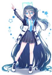 Rule 34 | 1girl, absurdres, aris (blue archive), arm up, black hair, black skirt, black socks, blue archive, blue eyes, blue necktie, collared shirt, commentary request, full body, hair between eyes, halo, hand in pocket, highres, jacket, kaoling, long hair, long sleeves, necktie, one side up, open clothes, open jacket, pleated skirt, pointing, puffy long sleeves, puffy sleeves, ribbed legwear, shadow, shirt, shoes, simple background, skirt, socks, solo, standing, star (symbol), very long hair, white background, white footwear, white jacket, white shirt