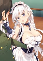 Rule 34 | 1boy, 1girl, apron, azur lane, belfast (azur lane), blue dress, blue eyes, blush, braid, breast hold, breasts, broken, broken chain, brown hair, buttons, chain, cleavage, collarbone, commentary request, corset, dress, eye contact, finger to another&#039;s mouth, finger to mouth, frilled apron, frilled gloves, frills, gloves, green neckwear, hand up, head tilt, hetero, holding hands, indoors, large breasts, long hair, looking at another, maid, maid apron, maid headdress, necktie, open mouth, parted lips, shiny skin, sleeveless, sleeveless dress, smile, standing, very long hair, white apron, white hair, yappen