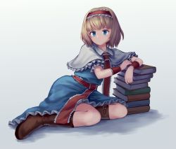 Rule 34 | 1girl, alice margatroid, bad id, bad pixiv id, blonde hair, blue eyes, book, book stack, boots, brown footwear, dress, hairband, highres, leaning on object, looking at viewer, ookashippo, skirt, touhou