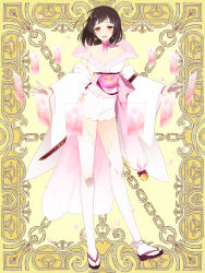 Rule 34 | 1girl, :d, bare shoulders, bell, breasts, brown eyes, brown hair, cleavage, detached sleeves, earrings, flower, full body, hair ornament, japanese clothes, jewelry, jingle bell, katana, kerberos blade, kimono, l (matador), looking at viewer, medium breasts, medium hair, obi, ofuda, open mouth, sandals, sash, sheath, sheathed, simple background, smile, solo, standing, sword, thighhighs, weapon, white kimono, white thighhighs, yellow background
