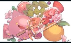 Rule 34 | :d, artist name, blueberry, commentary request, creatures (company), flower, food, fruit, game freak, gen 2 pokemon, highres, holding, holding food, hoppip, leaf, looking at viewer, nintendo, no humans, ojikano, open mouth, orange (fruit), orange ribbon, orange slice, pink flower, pokemon, pokemon (creature), popsicle, ribbon, signature, simple background, smile, solo, strawberry, white background, yellow eyes