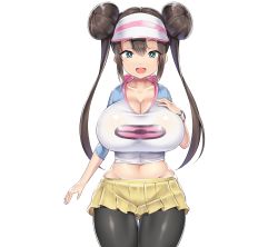 Rule 34 | 1girl, arm at side, blue eyes, breasts, brown hair, cleavage, creatures (company), curvy, doskoinpo, double bun, female focus, game freak, groin, hair between eyes, hair bun, hand on own chest, hand up, happy, highres, large breasts, legs, looking at viewer, midriff, navel, nintendo, open mouth, pantyhose, pokemon, pokemon bw2, rosa (pokemon), simple background, skirt, smile, solo, tachi-e, thigh gap, thighs, transparent background, twintails, visor cap, wide hips
