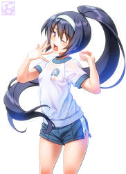 Rule 34 | 1girl, alternate hair length, alternate hairstyle, artist logo, bad id, bad pixiv id, black hair, blue shorts, brown eyes, character name, clenched hand, cowboy shot, emblem, girls und panzer, gym shorts, gym uniform, hair up, hairband, highres, long hair, looking at viewer, one eye closed, ooarai (emblem), open mouth, pairan, ponytail, print shirt, reizei mako, shirt, short shorts, short sleeves, shorts, simple background, single vertical stripe, solo, standing, t-shirt, very long hair, w arms, white background, white hairband, white shirt, yawning