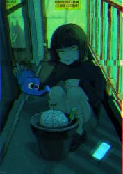 Rule 34 | 1girl, black footwear, black hair, blunt bangs, bob cut, brain, cellphone, chromatic aberration, evil grin, evil smile, fang, film grain, flower, glitch, grin, highres, holding, holding watering can, looking at viewer, mole, mole under mouth, original, parted lips, phone, plant, potted plant, railing, shadow, shida 7, short hair, signature, slit pupils, smile, socks, solo, sprout, squatting, text messaging, watering can, white socks, yellow eyes