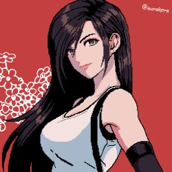 Rule 34 | 1girl, absurdres, artist name, aurakera, black hair, breasts, brown eyes, cleavage, closed mouth, elbow gloves, final fantasy, final fantasy vii, final fantasy vii remake, from side, gloves, highres, large breasts, lips, long hair, looking at viewer, looking to the side, pixel art, portrait, red background, simple background, solo, suspenders, swept bangs, tank top, tifa lockhart, upper body, white tank top