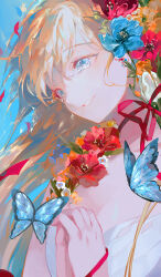Rule 34 | 1girl, blonde hair, blue background, blue butterfly, blue eyes, blue flower, breasts, bug, butterfly, cleavage, dress, flower, highres, hyatsu, insect, long hair, looking away, medium breasts, open mouth, orange flower, original, own hands together, red flower, red ribbon, ribbon, sidelocks, simple background, smile, solo, swept bangs, tears, teeth, upper body, white dress