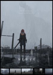 Rule 34 | absurdres, asteroid ill, english text, from behind, highres, hood, optic nerve (asteroid ill), original, poster (medium), rain, red hair, short hair, standing, sword, translation request, weapon