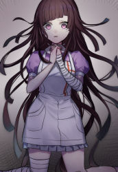 Rule 34 | 1girl, absurdres, apron, bad id, bad pixiv id, bandaged arm, bandages, black hair, breasts, commentary request, danganronpa (series), danganronpa 2: goodbye despair, highres, huyuharu0214, large breasts, long hair, looking at viewer, mole, mole under eye, nurse, open mouth, puffy short sleeves, puffy sleeves, purple eyes, purple hair, short sleeves, skirt, solo, tsumiki mikan