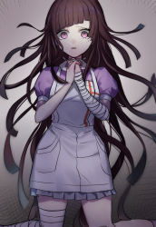 1girl absurdres apron bad_id bad_pixiv_id bandaged_arm bandages black_hair breasts commentary_request danganronpa_(series) danganronpa_2:_goodbye_despair highres huyuharu0214 large_breasts long_hair looking_at_viewer mole mole_under_eye nurse open_mouth puffy_short_sleeves puffy_sleeves purple_eyes purple_hair short_sleeves skirt solo tsumiki_mikan