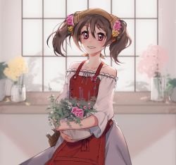 Rule 34 | 1girl, apron, artist name, artist request, black hair, blouse, blush, bow, daisy, female focus, flower, flower shop, from above, hair flower, hair ornament, head scarf, highres, holding, indoors, long hair, looking at viewer, love live!, love live! school idol festival, love live! school idol project, off shoulder, pink flower, pink rose, plant, popsi, potted plant, red bow, red eyes, rose, shirt, shop, skirt, smile, solo, tulip, twintails, watering can, white shirt, window, yazawa nico