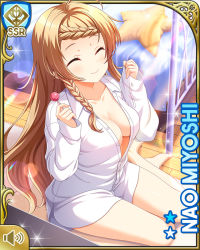 Rule 34 | 1girl, bare legs, bedroom, bottomless, braid, breasts, brown eyes, brown hair, card, character name, cleavage, closed mouth, day, dress shirt, closed eyes, girlfriend (kari), indoors, kneeling, long hair, miyoshi nao, official art, qp:flapper, shirt, smile, solo, tagme, white shirt