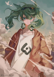 Rule 34 | 1girl, 778-go, ahoge, alternate costume, bomber jacket, determined, dust, earrings, eyewear on head, green eyes, green hair, hatsune miku, highres, jacket, jewelry, long hair, looking at viewer, rubble, ruins, signature, solo, suna no wakusei (vocaloid), sunglasses, twintails, vocaloid
