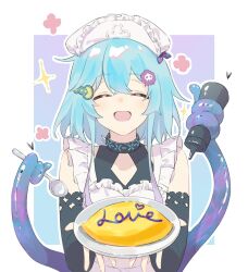 Rule 34 | 1boy, alternate costume, apron, arknights, black dress, black sleeves, blue background, blue hair, border, bottle, cleavage cutout, closed eyes, clothing cutout, commentary request, crossdressing, dress, english text, enmaided, flower, food, gradient background, gradient hair, hair ornament, heart, highres, holding, holding bottle, holding plate, holding spoon, light blue hair, maid, maid headdress, male focus, mizuki (arknights), multicolored hair, omelet, omurice, open mouth, outline, plate, purple background, purple hair, short hair with long locks, smile, solo, sparkle, spoon, squeeze bottle, tentacles, upper body, white apron, yuzuki39589297