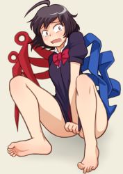 Rule 34 | 1girl, ahoge, barefoot, black hair, black shirt, bottomless, bow, breasts, brown background, clothes pull, constricted pupils, dress, dress tug, embarrassed, feet, full body, houjuu nue, iromeki overdrive, legs, looking at viewer, medium breasts, no legwear, open mouth, red eyes, shirt, shirt pull, shirt tug, short hair, simple background, soles, solo, tearing up, thighs, toes, touhou