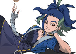 Rule 34 | 1boy, adaman (pokemon), arm wrap, blue hair, blue jacket, brown eyes, closed mouth, collar, collarbone, commentary request, creatures (company), cropped jacket, eyebrow cut, game freak, green hair, hair tie, hand wraps, head rest, jacket, jewelry, kageuchi, looking at viewer, male focus, neck ring, nintendo, open clothes, open jacket, poke ball, poke ball (legends), pokemon, pokemon legends: arceus, simple background, smile, solo, white background
