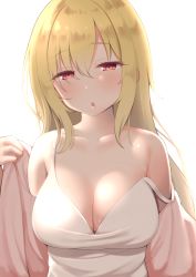 Rule 34 | 1girl, absurdres, backlighting, blonde hair, blush, breasts, camisole, cleavage, collarbone, commentary, eyelashes, hair between eyes, half-closed eyes, highres, idolmaster, idolmaster cinderella girls, kurosaki chitose, large breasts, long hair, looking at viewer, open mouth, red eyes, simple background, sleepy, solo, straight hair, strap slip, suzutarou gunsou, upper body, white background, white camisole