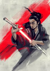 Rule 34 | 1boy, asian, beard, black eyes, black robe, commentary, energy sword, english commentary, facial hair, floating hair, highres, holding, holding lightsaber, holding sword, holding weapon, lightsaber, long hair, looking to the side, male focus, robe, ronin (star wars), sheath, solo, star wars, star wars: visions, sword, thick eyebrows, unsheathing, uzuri art, v-shaped eyebrows, weapon