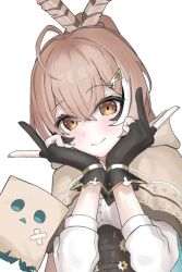 Rule 34 | 1girl, ahoge, brown capelet, brown cloak, brown corset, brown eyes, brown hair, capelet, cloak, corset, crossed bangs, double v, feather hair ornament, feathers, friend (nanashi mumei), gloves, habihabine, hair between eyes, hair ornament, hieroglyphics, hololive, hololive english, long hair, looking at viewer, nanashi mumei, nanashi mumei (1st costume), partially fingerless gloves, ponytail, shirt, smile, upper body, v, very long hair, virtual youtuber, white shirt