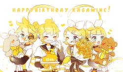 Rule 34 | 2boys, 2girls, aqua eyes, arm warmers, banana, bare shoulders, bass clef, black collar, black sleeves, blonde hair, blush, blush stickers, bouquet, bow, bowtie, cake, character name, choker, collar, commentary, cream, cream on face, crop top, detached sleeves, dual persona, english commentary, finger to cheek, flower, food, food on face, fork, fruit, grey collar, grey sleeves, hair bow, hair ornament, hairclip, happy birthday, headphones, heart, holding, holding fork, holding stuffed toy, kagamine len, kagamine len (append), kagamine rin, kagamine rin (append), kiss, melling rl, multiple boys, multiple girls, neckerchief, necktie, orange (fruit), plate, rose, sailor collar, school uniform, shirt, short hair, short ponytail, sleeveless, sleeveless shirt, smile, spiked hair, standing, stuffed animal, stuffed toy, swept bangs, teddy bear, tongue, tongue out, treble clef, upper body, vocaloid, vocaloid append, white bow, white hair, white shirt, yellow bow, yellow flower, yellow neckerchief, yellow rose