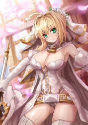 Rule 34 | &gt;:), 10s, 1girl, ahoge, armpits, bare shoulders, blonde hair, blush, breasts, bridal veil, cape, chain, cleavage, closed mouth, cowboy shot, dress, elbow gloves, fate/extra, fate/extra ccc, fate (series), flower, full-length zipper, gloves, green eyes, hair flower, hair intakes, hair ornament, holding, holding sword, holding weapon, large breasts, leotard, lock, nero claudius (bride) (fate), nero claudius (bride) (second ascension) (fate), nero claudius (fate), nero claudius (fate) (all), padlock, petals, short hair, smile, solo, sumapan, sword, thighhighs, v-shaped eyebrows, veil, weapon, wedding dress, white gloves, white leotard, white thighhighs, zipper, zipper pull tab