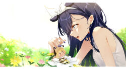 Rule 34 | 2girls, absurdres, arthropod girl, bare shoulders, bee girl, black hair, blonde hair, earrings, fang, field, flower, flower field, highres, hololive, hololive english, insect girl, jewelry, long hair, looking at another, lucferz, multiple girls, ninomae ina&#039;nis, open mouth, purple nails, shirt, skin fang, sleeveless, sleeveless shirt, smile, stud earrings, variant set, virtual youtuber, watson amelia, white shirt
