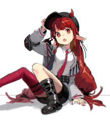 Rule 34 | 1girl, :o, arknights, arm up, baseball cap, belt, black footwear, black hat, black shorts, blurry, boots, collared shirt, female focus, hair ornament, hairclip, hat, highres, horns, jacket, knees up, long hair, long sleeves, looking at viewer, nail polish, necktie, open clothes, open jacket, open mouth, red eyes, red hair, red thighhighs, shirt, short shorts, shorts, sidelocks, single thighhigh, sitting, solo, soyoong jun, studded belt, thighhighs, uneven eyes, very long hair, vigna (arknights), white shirt
