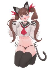 Rule 34 | 1girl, :d, absurdres, animal ear fluff, animal ears, black choker, black panties, black thighhighs, blue eyes, blush, breast pocket, breasts, brown hair, cat ears, cat girl, cat tail, choker, crop top, crop top overhang, extra ears, fang, fingernails, hair ribbon, hands up, highres, holding, holding own hair, kneeling, long hair, long sleeves, navel, neckerchief, no pants, no shoes, open mouth, original, panties, pocket, rabbit (wlsdnjs950), red neckerchief, ribbon, sailor collar, sailor shirt, sharp fingernails, shirt, side-tie panties, simple background, skindentation, smile, solo, stomach, string panties, tail, thighhighs, thighs, twintails, underwear, white background, white shirt