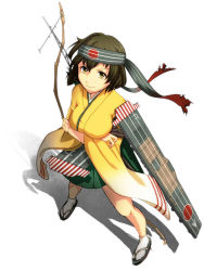 Rule 34 | 10s, 1girl, archery, asymmetrical hair, bow (weapon), breasts, brown eyes, brown hair, flight deck, from above, geta, gloves, hachimaki, headband, hiryuu (kancolle), hiryuu kai ni (kancolle), iwana, japanese clothes, kantai collection, kyuudou, large breasts, partially fingerless gloves, partly fingerless gloves, personification, radio antenna, short hair, side ponytail, single glove, skirt, smile, solo, standing, weapon, yugake