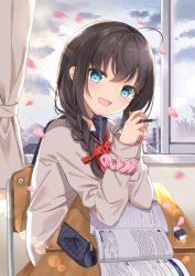 Rule 34 | 1girl, :d, ahoge, black hair, blue eyes, blue sailor collar, blush, book, bow, braid, chair, classroom, cloud, cloudy sky, commentary request, curtains, day, desk, eraser, hair bow, hair intakes, hair over shoulder, hands up, head tilt, highres, holding, holding pen, indoors, kantai collection, lens flare, light rays, long hair, long sleeves, looking at viewer, looking to the side, mountain, neckerchief, notebook, open book, open mouth, own hands together, pen, pencil case, petals, pink scrunchie, red bow, red neckerchief, sailor collar, school chair, school desk, school uniform, scrunchie, serafuku, shigure (kancolle), shirt, sidelocks, single braid, sky, smile, solo, sugisaki yuu, sunbeam, sunlight, tareme, white shirt, window, wrist scrunchie