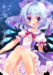 Rule 34 | 1girl, :d, alternate costume, bad id, bad twitter id, blue bow, blue dress, blue eyes, blue hair, blue theme, blue wings, blush, bow, buttons, center frills, cirno, detached wings, double-breasted, dress, fairy, frilled shirt collar, frills, hair between eyes, hair bow, highres, honoka chiffon, ice, ice wings, knees together feet apart, looking at viewer, neck ribbon, open mouth, petticoat, puffy short sleeves, puffy sleeves, red ribbon, ribbon, short hair, short sleeves, sitting, smile, socks, solo, touhou, white socks, wings