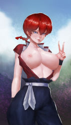 Rule 34 | 1girl, arm behind back, bad id, bad pixiv id, bare arms, blue eyes, bluecup, braid, braided ponytail, breasts, breasts out, chinese clothes, closed mouth, collarbone, cowboy shot, genderswap, genderswap (mtf), hair between eyes, hand up, highres, large breasts, lips, looking at viewer, nipples, no bra, open clothes, pants, parted bangs, ranma-chan, ranma 1/2, red hair, saotome ranma, seductive smile, short sleeves, sidelocks, single braid, smile, solo, standing, stomach, tangzhuang, v, wristband