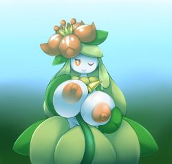 Rule 34 | 1girl, between breasts, blue background, breast hold, breasts, breasts squeezed together, creatures (company), crown, female focus, flower, game freak, gen 5 pokemon, gradient background, green background, green hair, half-closed eyes, hands up, highres, hose, huge breasts, large areolae, lilligant, long hair, looking at viewer, metachoke, mini crown, nintendo, nipples, no humans, one eye closed, orange eyes, pink flower, pokemon, pokemon (creature), pokemon bw, simple background, smile, solo, standing, water, wink